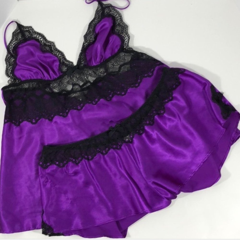 NWOT Victoria’s Secret Purple Black Satin Lace‎ Set